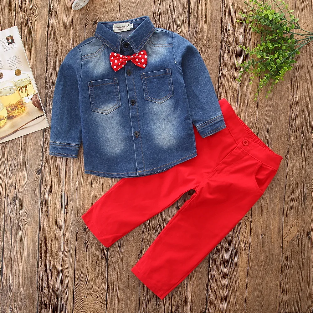 2019 new fashion baby boys clothing sets denim jacket+ red pants 2pcs outfits Handsome chlidren |