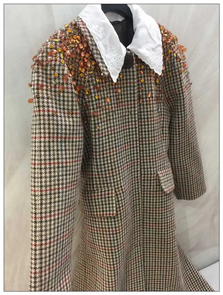 

Women's Designer New High qualoty diamonds Wool overcoat Hot fashion elegant plaid woollen coat C761