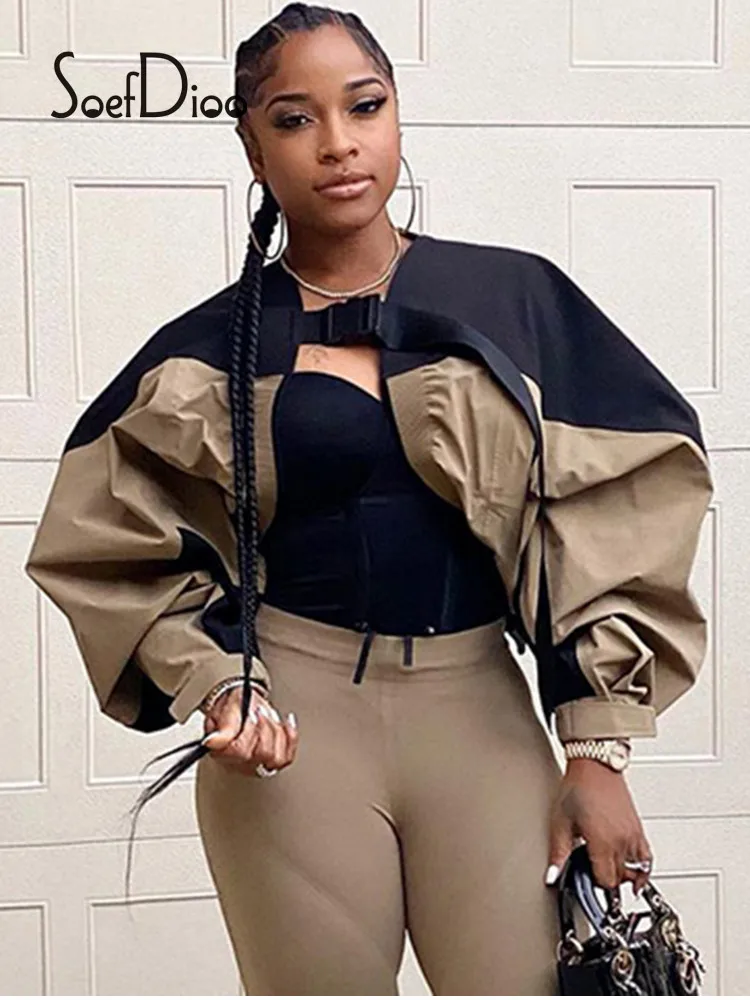 

Soefdioo Patchwork Contrast Color Puff Sleeve Button Jacket Women Clothing Casual Loose Crop Coat Fall 2021 Fashion Streetwear