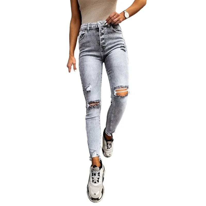 

Women Button High Waist Jeans Pants Ripped Hole Jeans Skinny Pencil Trousers Mom Jeans Pantalones Vaqueros Mujer