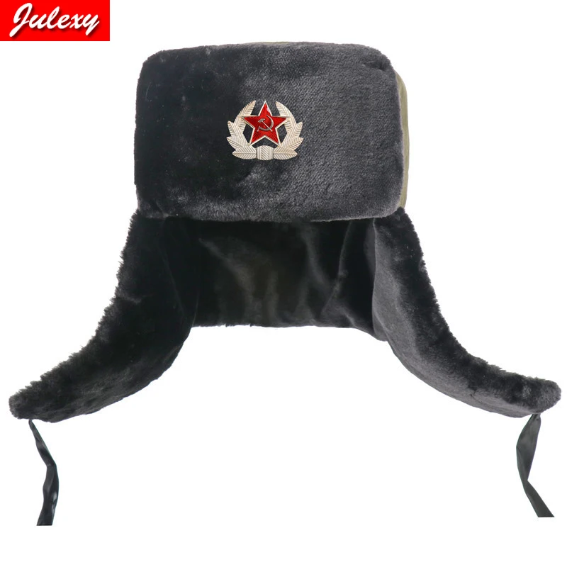 

Soviet Army Military Badge Russia Ushanka Bomber Hats Pilot Trapper Aviator Cap Winter Faux Rabbit Fur Earflap Snow Caps hat