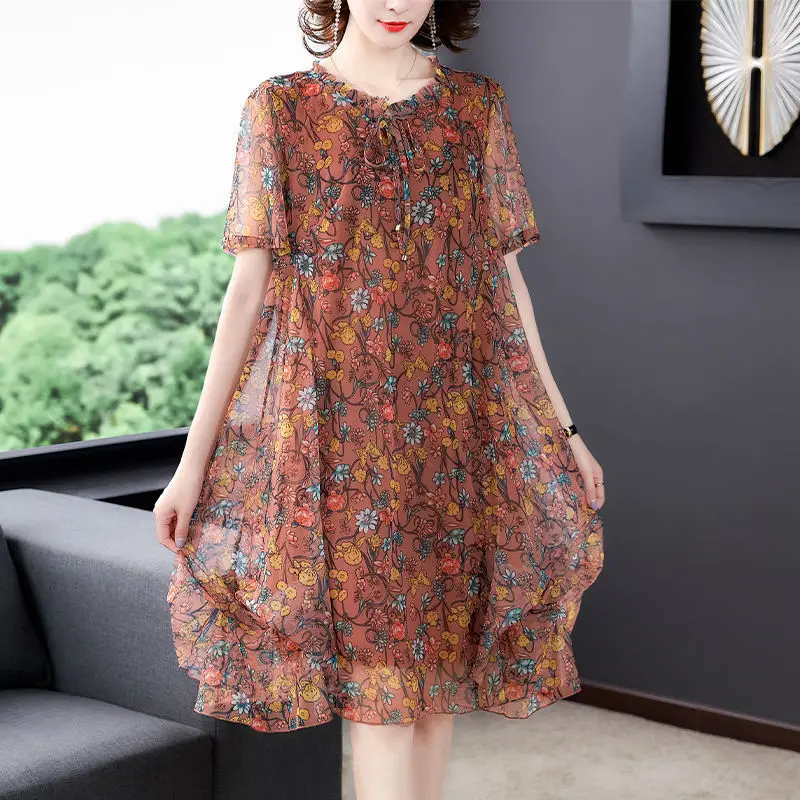 

Summer New Style 2021 Small Floral Net Yarn Western Style Long Large Size Loose Thin Short-Sleeved Mother's Dress Bodycon