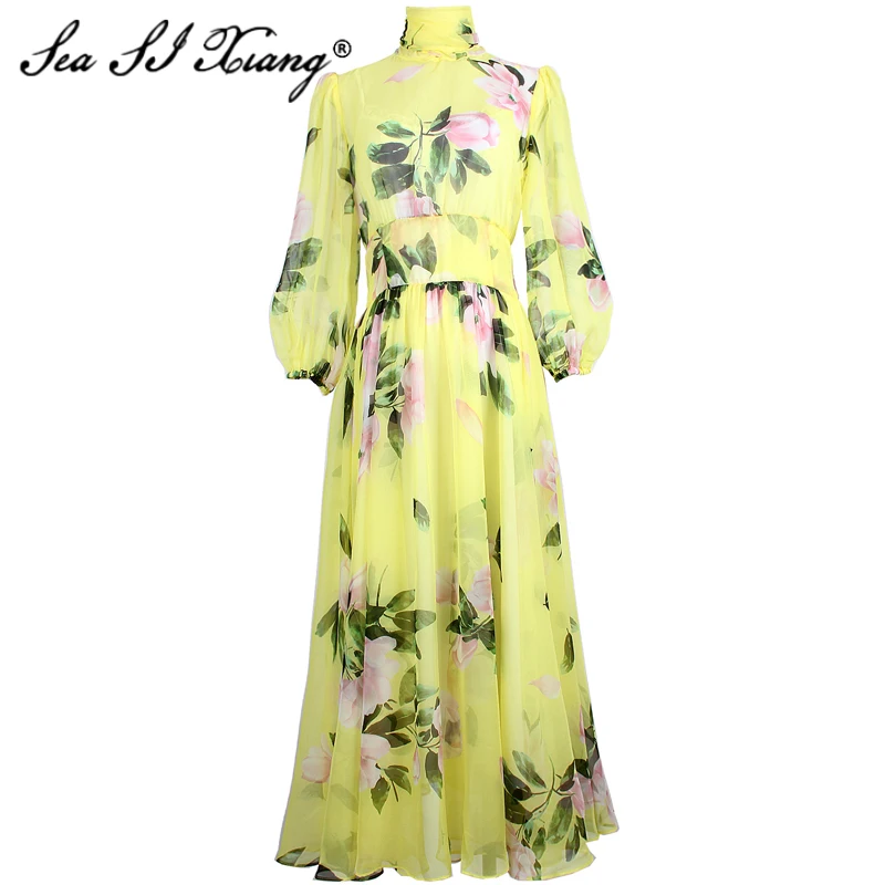 

Seasixiang Fashion Designer Spring Summer Chiffon Dress Bow collar Floral-Print Elegant Big pendulum Dresses