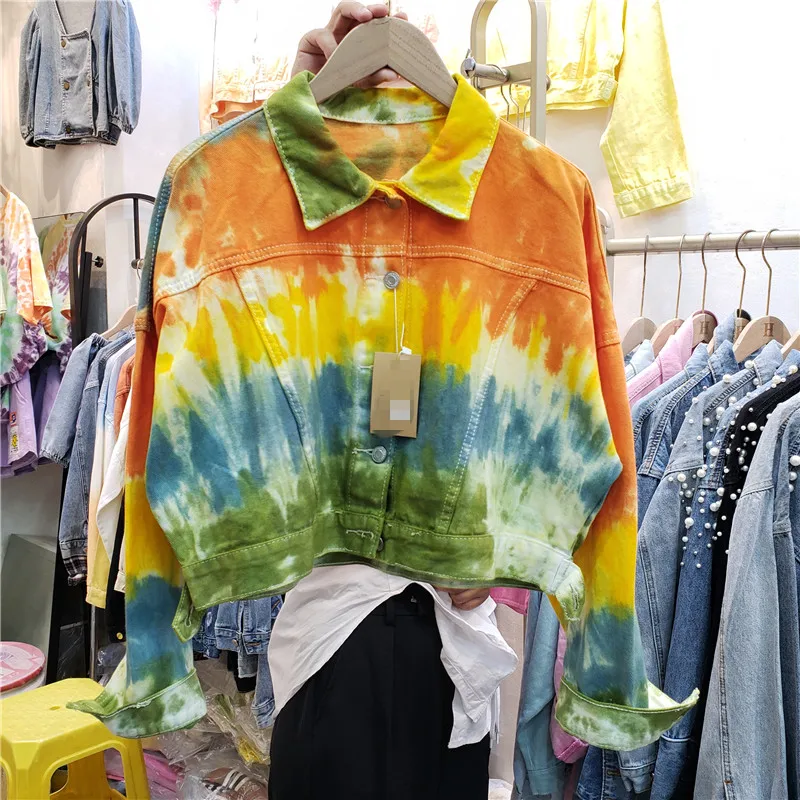 

Harajuku Tie-Dyed Denim Jackets Coat for Women 2021 Autumn New Fashion Street Hot Girl Loose Long Sleeve Crop Jacket Top Femme