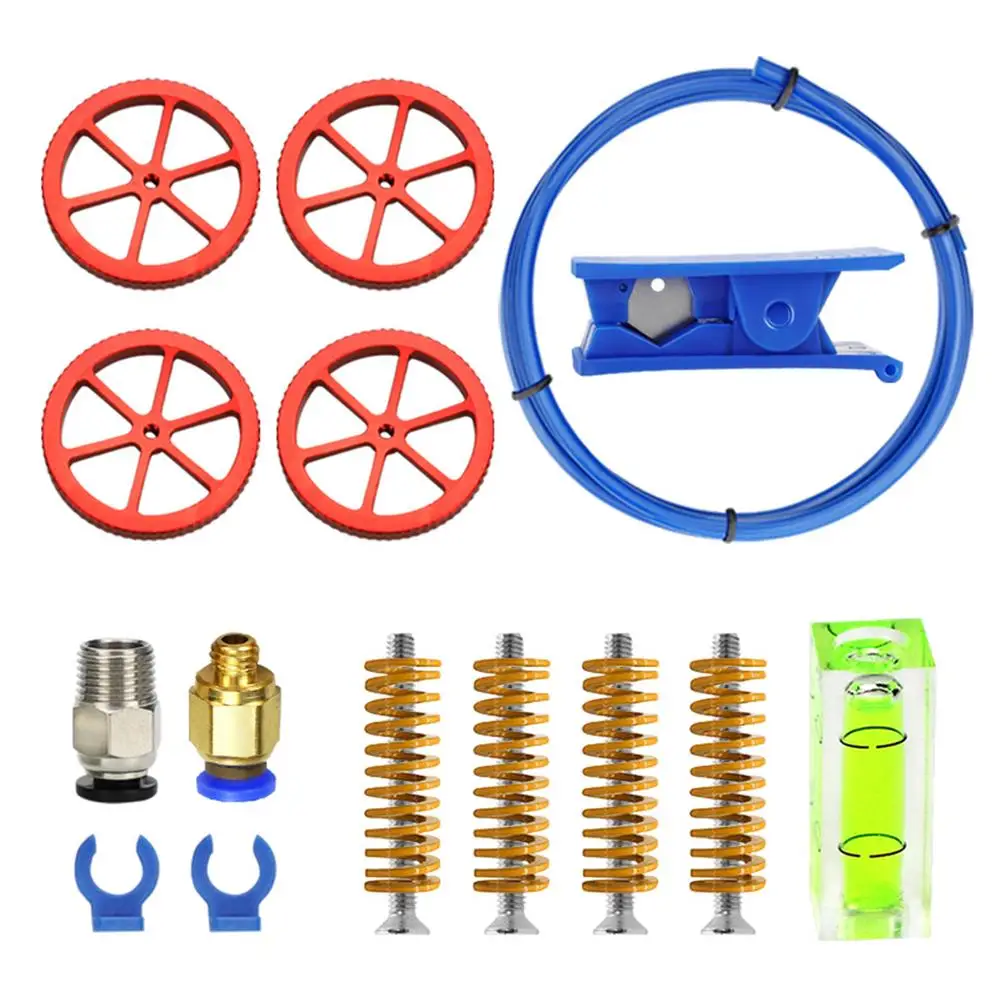 

Upgrade 3D Printer Accessories With 4 Pcs Red Aluminum Hand Twist Leveling Nut & 4 Pcs Yellow Stamping Spring & 1 M6m10 Pneumati
