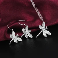 hot fashion party wedding jewelry set crystal dragonfly 925 color silver pendant necklace earrings for women popular gifts