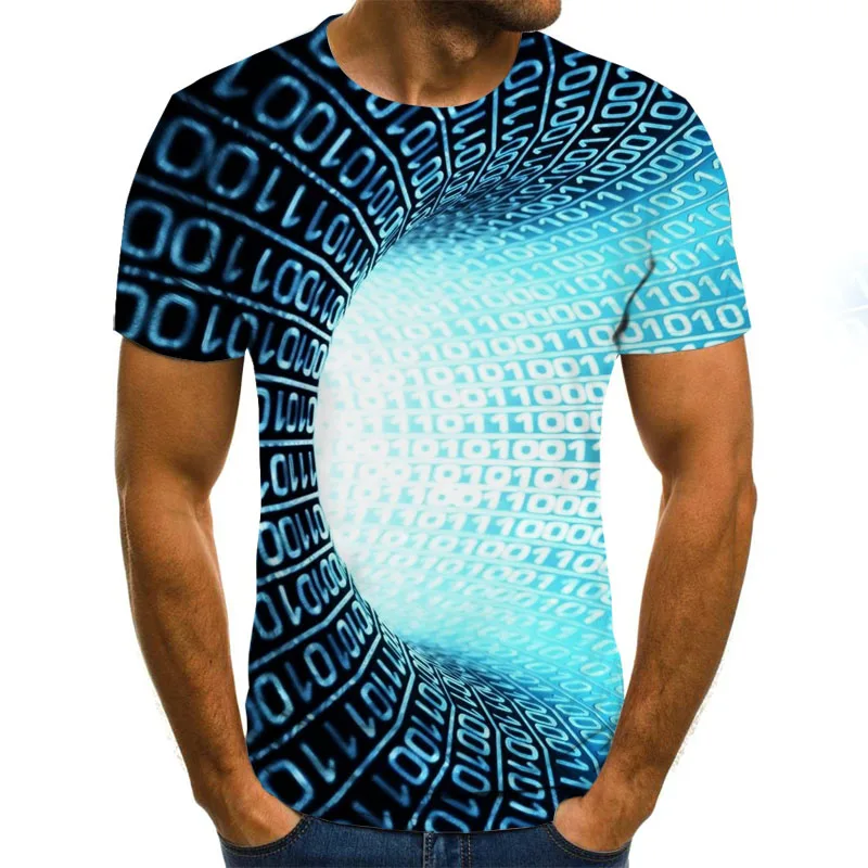 

Трехмерная футболка с рисунком туннелей, повседневные топы в стиле Харадзюку, Мужская футболка в трехмерную клетку, летняя рубашка с круглы...