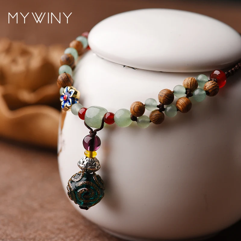 MYWINY Old Fashion nature stones ethnic Anklets vintage Manual coloured glaze handmade braided exotic jewelry | Украшения и