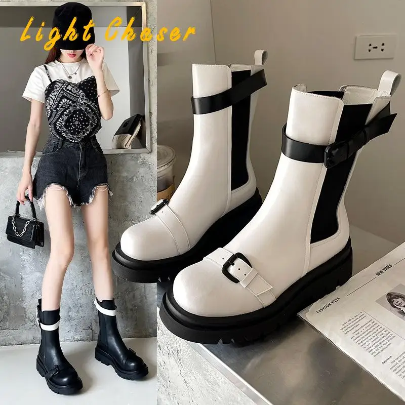 Women Boots Leather Women White Platform Ankle Boots Motorcycle Boots Female Spring Autumn Winter Shoes Woman Punk Botas Mujer