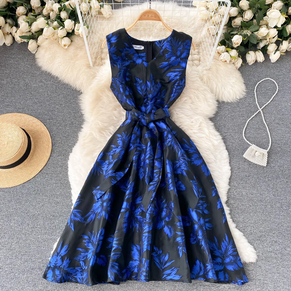 

C429 Women New Fashion Autumn Winter Retro Jacquard V-neck A-line Dress Slim Elegant Clothes Korean Vestidos