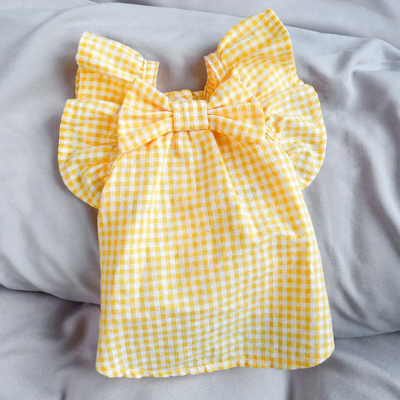 

New pet clothes Spring and summer new yellow check bow thin clothes Cool style Poodle, husky, cat and dog clothing
