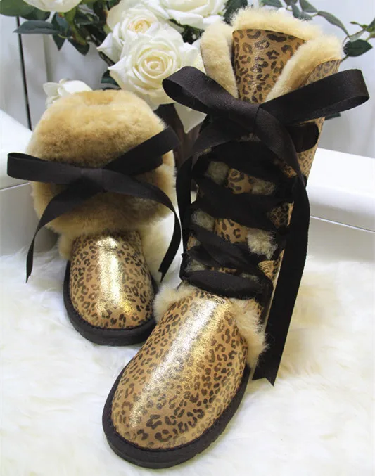 Gold Leopard Новинка; женские зимние ботинки наивысшего качества из натуральной овечьей кожи; модные зимние ботинки на шнуровке; натуральный мех; Шерсть; женские высокие ботинки - Цвет: Gold Leopard