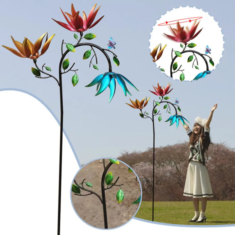 

Metal Wind Spinner With Three Spin Flowers And Butterflies Windmill Rotating Garden Lawn Party Decor Ornaments
