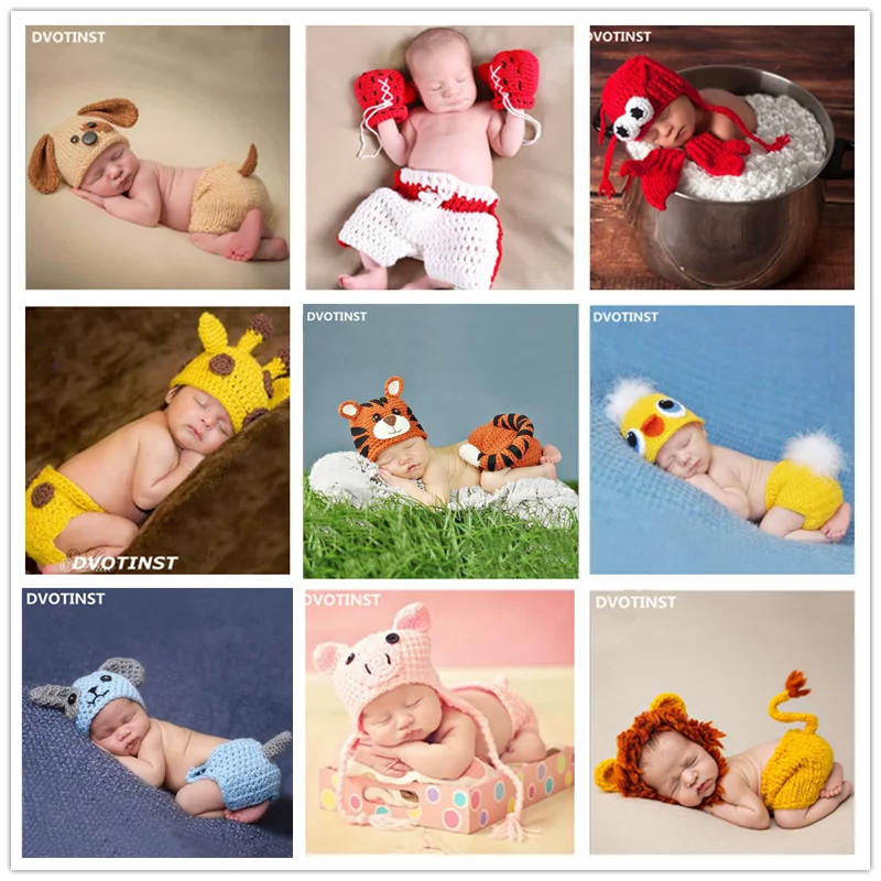 Dvotinst Newborn Baby Photography Props Crochet Knit Animals Bonnet Outfit Set Fotografia Accessories Studio Shoots Photo Props