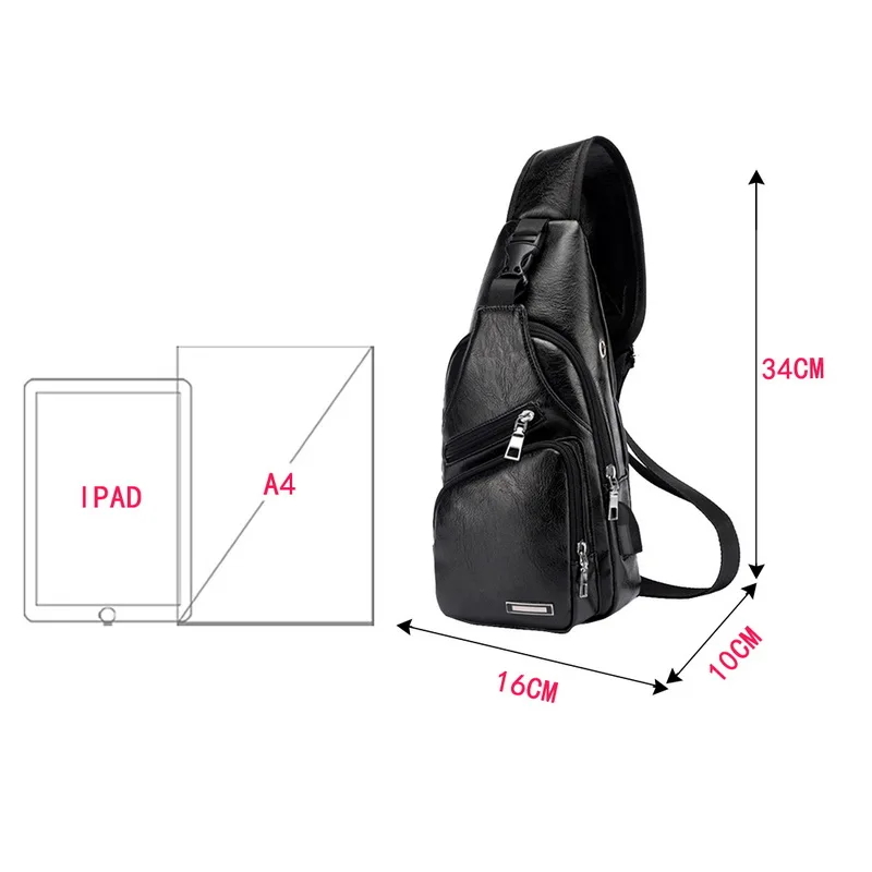 

New Men's PU Leather Chest Cycle Sling Pack USB Charging Shoulder Bag Small Day Packs Purse Retro Men's Chest Bag Black Brown