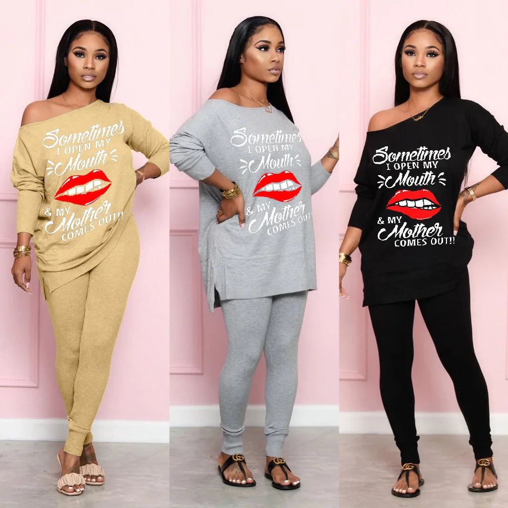 

2021 Autumn New Fashion Women's Temperament Casual Sexy Red Lips Printed Top Loose and Comfortable Plus Tights Two-Piece Suit