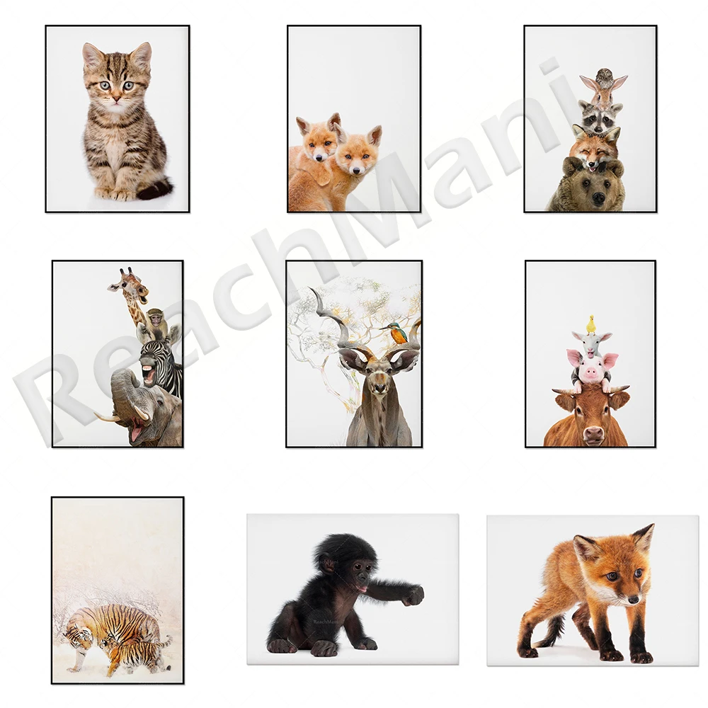 

Tiger, Fox, Alpaca, Monkey, Giraffe, Cat Safari Children’s Room Wall Art Canvas Painting Poster