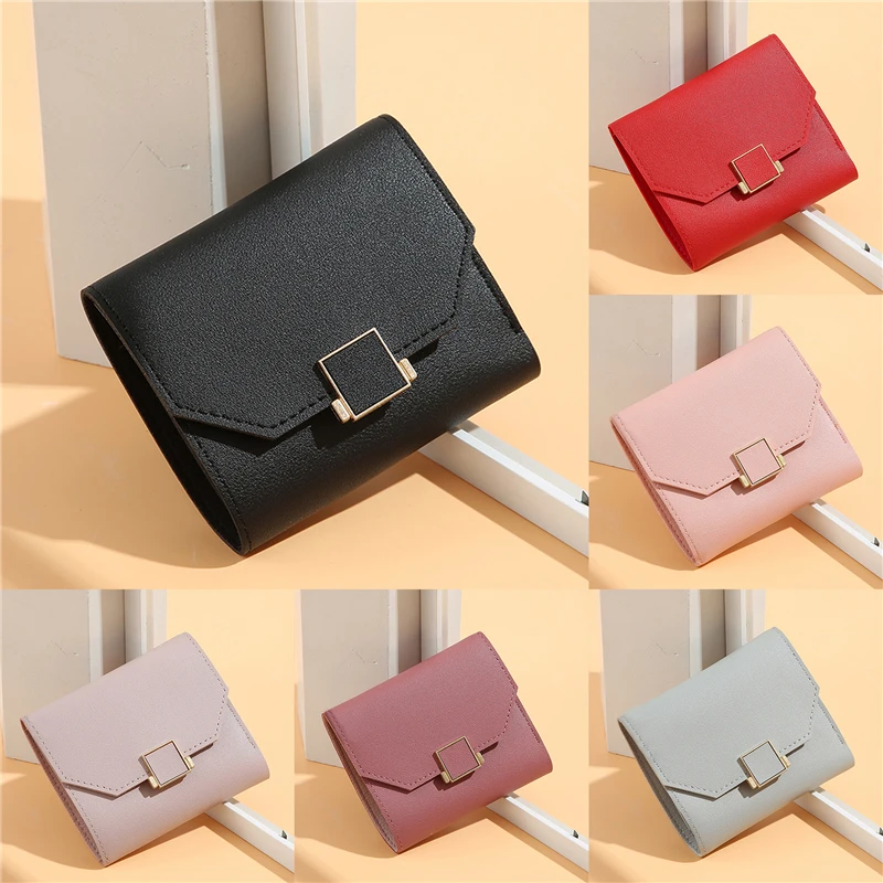 

Casual Women Wallet Card Holder Fashion PU Leather Small Square Solid Color Zipper Female Money Bags Short Coin Purse Clutch