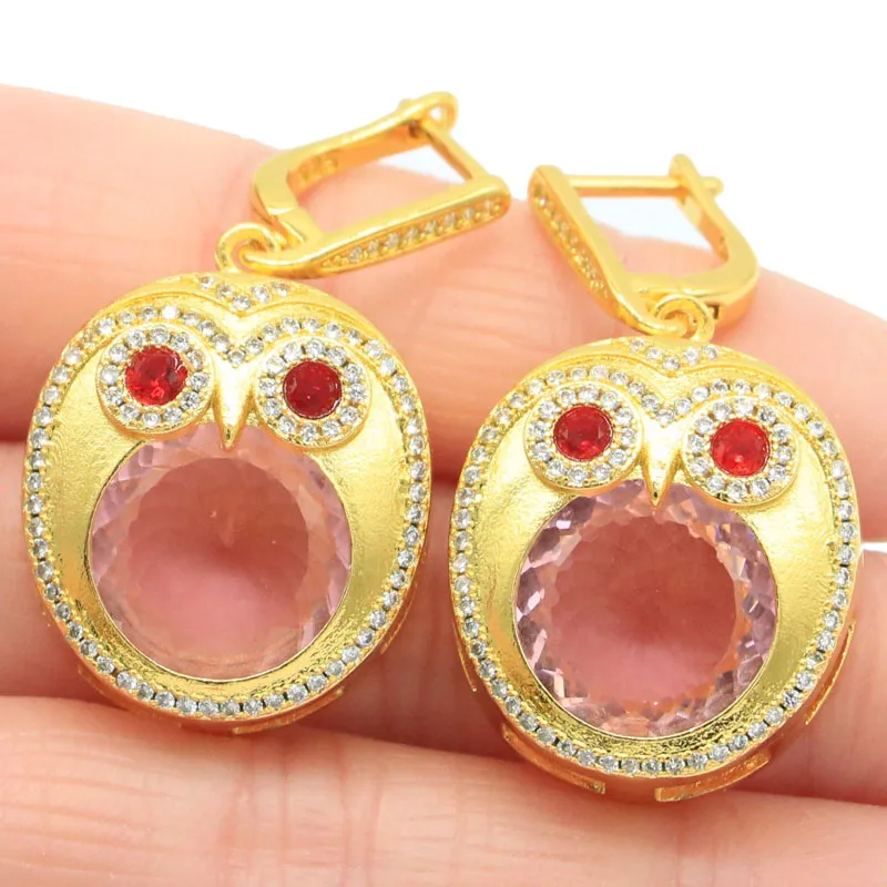 

43x21mm Delicate Fine Cut 18.5g Created Owl Pink Kunzite Ruby Eye Catching Fine Jewelry 14k Gold Silver Pendant Earrings