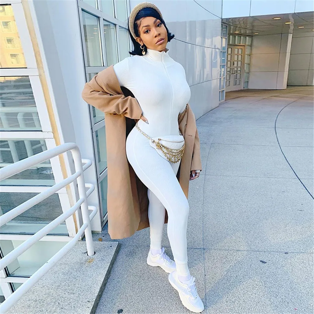 

Sexy Rompers Womans Jumpsuit Sexy Bodysuit Knit Rib Bodycon Fitness Playsuit Sportswear Long Sleeve Zipper Embroidery Streetwear