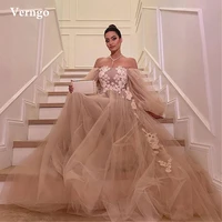 verngo elegant a line tulle puff long sleeves evening dress strapless 3d flowers women formal prom gowns celebrity dress