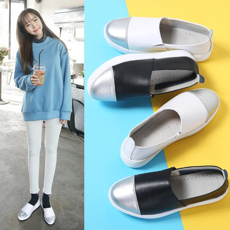 2019 осенние женские кожаные лоферы без шнуровки балетки на плоской подошве цвет