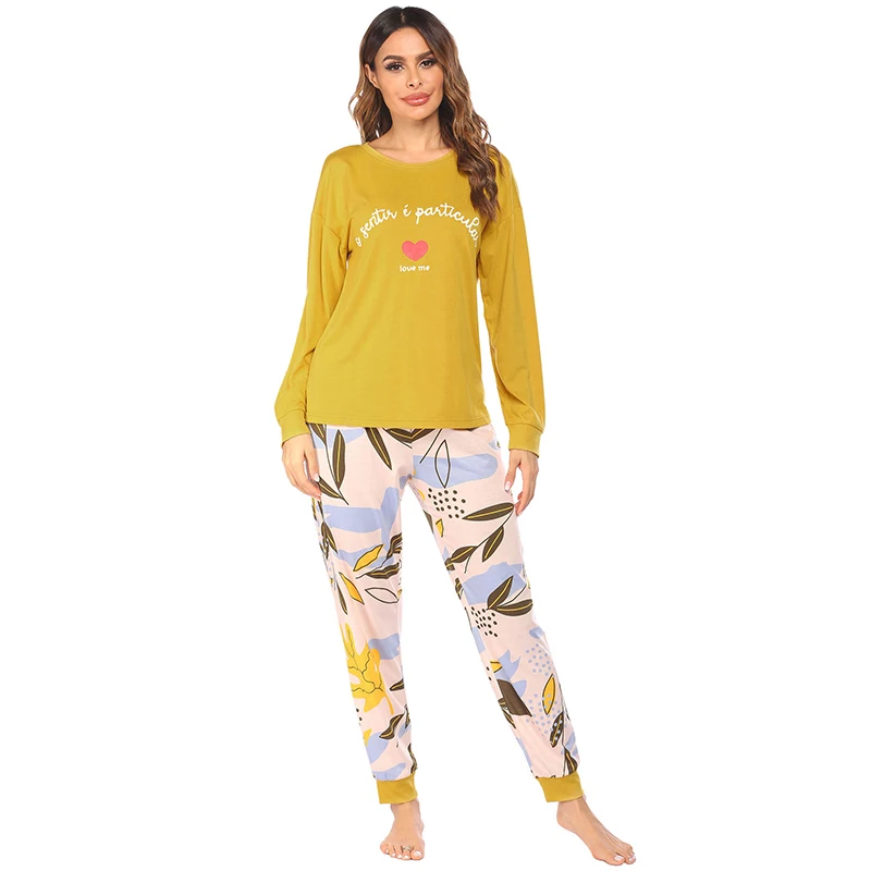 Ladies Long Sleeve Pajama Pants Sets Round Neck Long Sleeve Love Print Ladies Home Wear Set Loungewear Sleepwear Women Pijamas