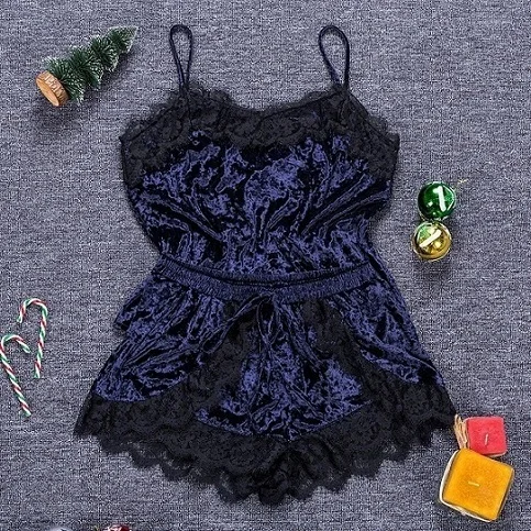 Navy Blue Викторианский ключ алмаз бархат коричневый пижамный комплект кружева Cami Топы Шорты для женщин Ночное белье осень зима домашний костюм дамы пижамы - Цвет: Navy Blue