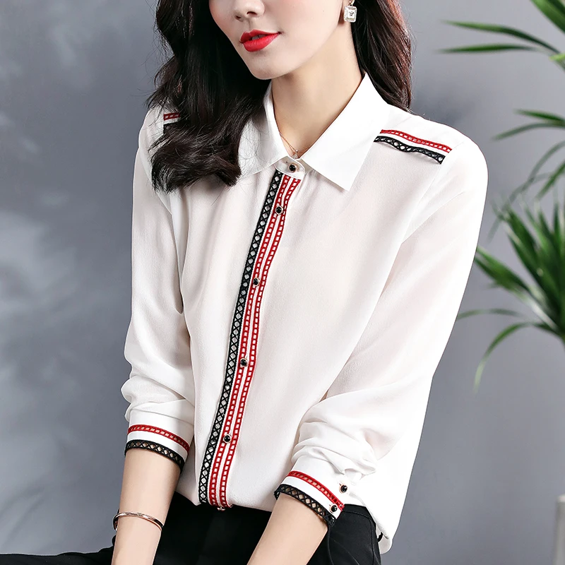

Elegant Fashion Real Silk Women's Shirt Spring Autumn Turn-down Collar Long Sleeve Embroidery Patchwork Office Lady White Blouse