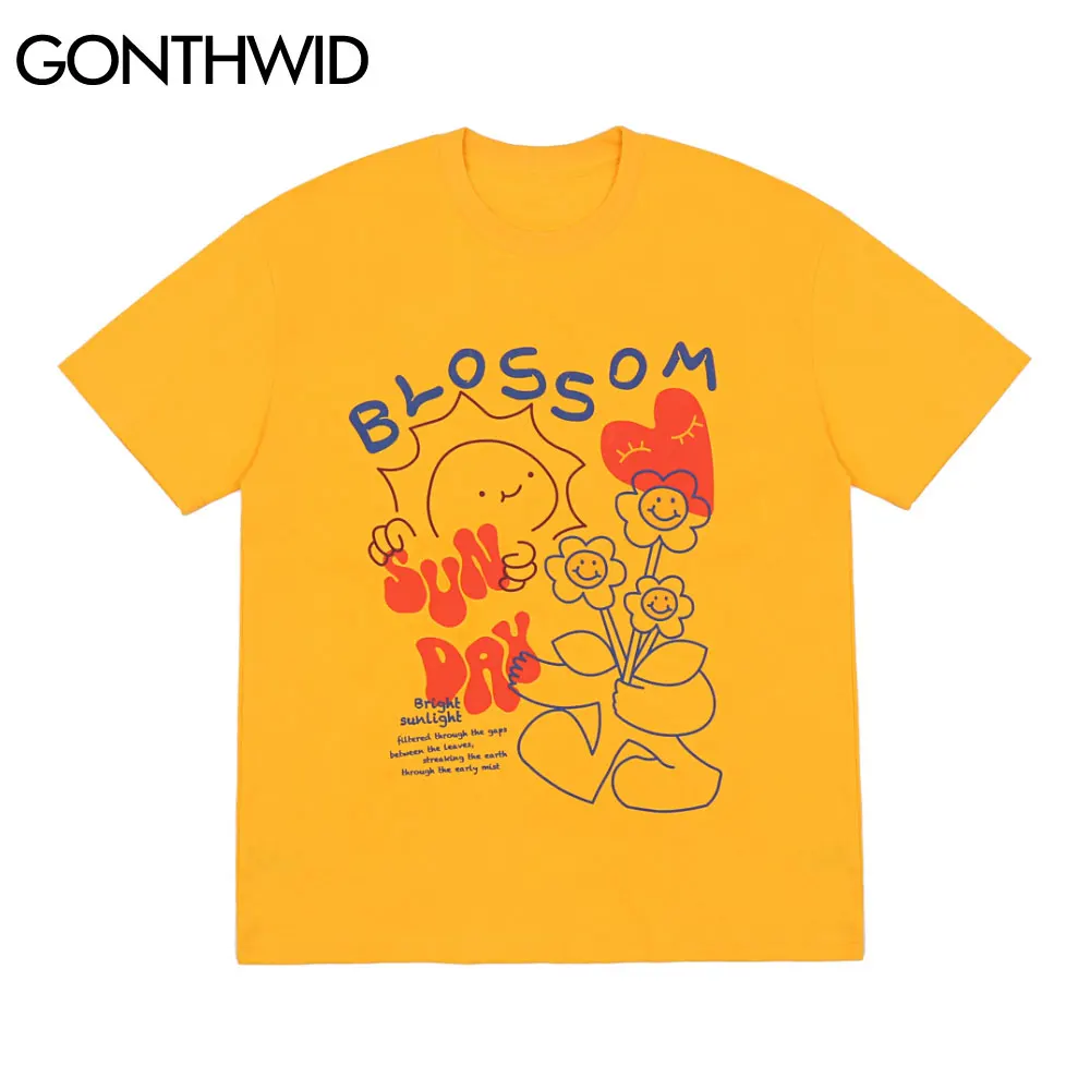 

GONTHWID Tees Shirts Harajuku Graffiti Cartoon Flowers Short Sleeve Tshirts Hip Hop Casual Streetwear T-Shirts Cotton Loose Tops