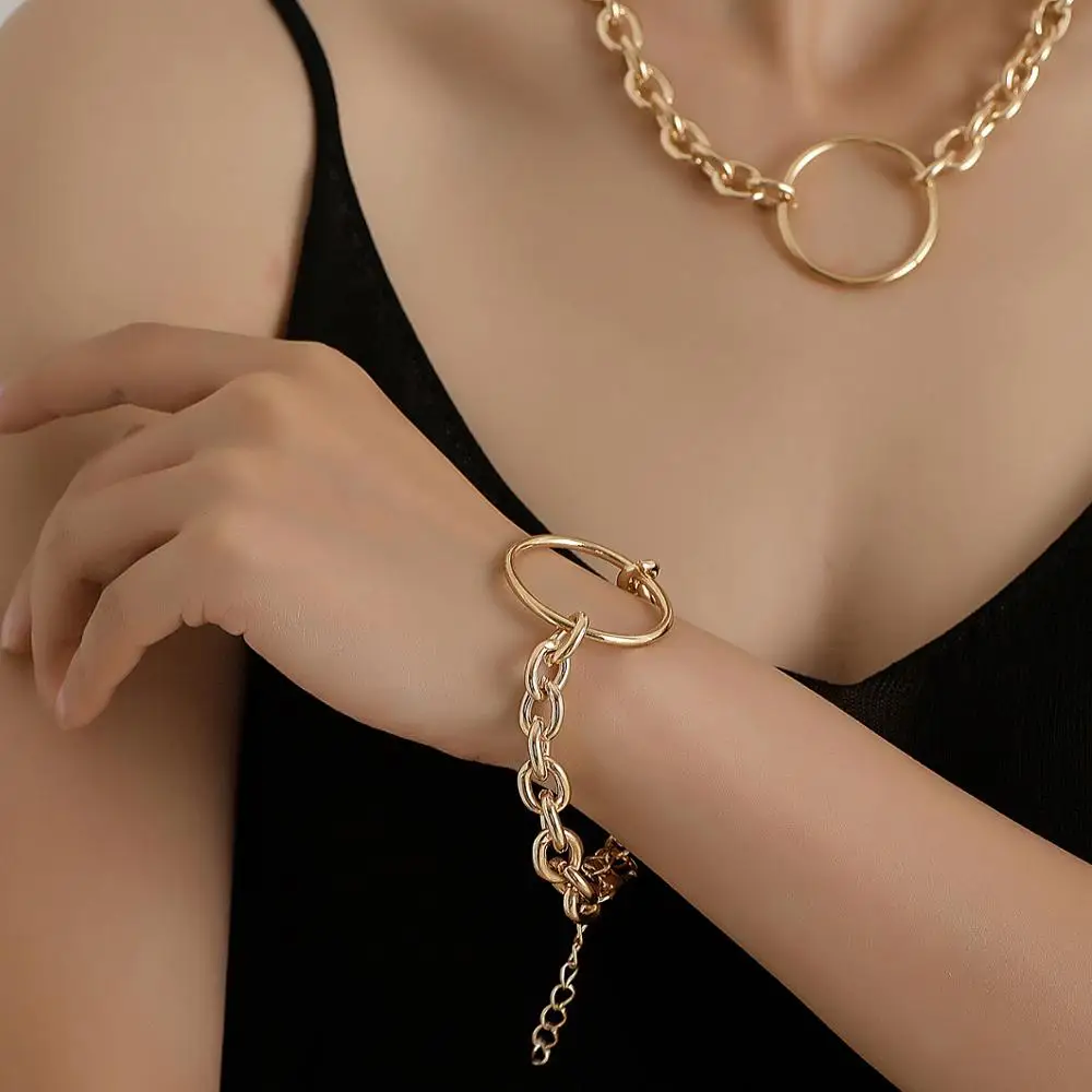 

Punk Big Circle Cuban Link Chain Necklace Bracelet Vintage Miami Geometric Choker Collar Charm Bracelet Set Men Women Jewelry