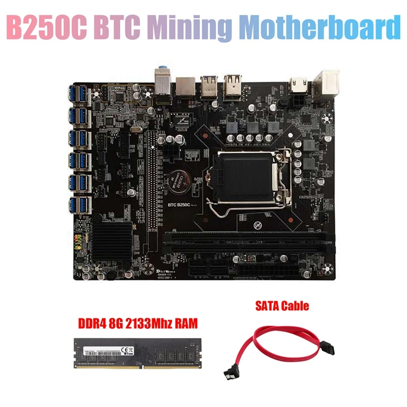 

B250C BTC Mining Motherboard+SATA Cable+DDR4 8G 2133Mhz RAM 12XPCIE to USB3.0 GPU Slot LGA1151 Computer Motherboard