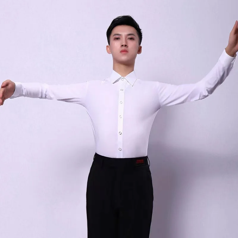 New Mens White Dance Shirt Ballroom Modern Salsa Tango Samba Latin Standard Competition Performance Men Shirts Dancewear Tops