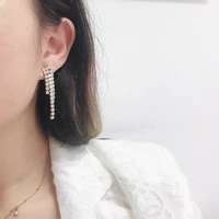 zj french elegant dainty layering 47mm long tassel cubic ziconia chain studs earrings luxury wedding jewelry in stainless steel