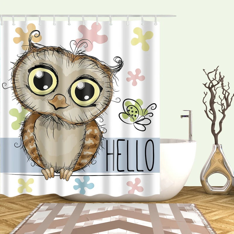 

Cartoon Animals Shower Curtain Set with 12 Hooks Owl Bathroom Decoration Washable Polyester Fabric