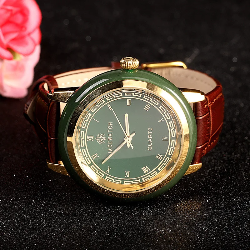 New Top Brand luxury Man Gems Watch Gift Couple Watches Antique Jade Men Classic Genuine Leather Band Quartz Wristwatch | Наручные часы