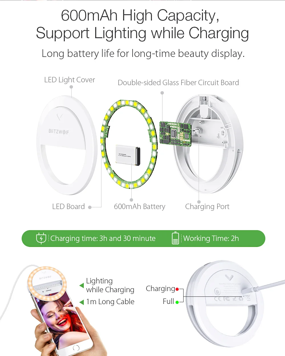 

BlitzWolf BW-SL0 Pro LED Ring Light Clip-on Fill Light Mini Portab Selfie Lights 6h 1000 Lumens High Brightness Selfie Lights