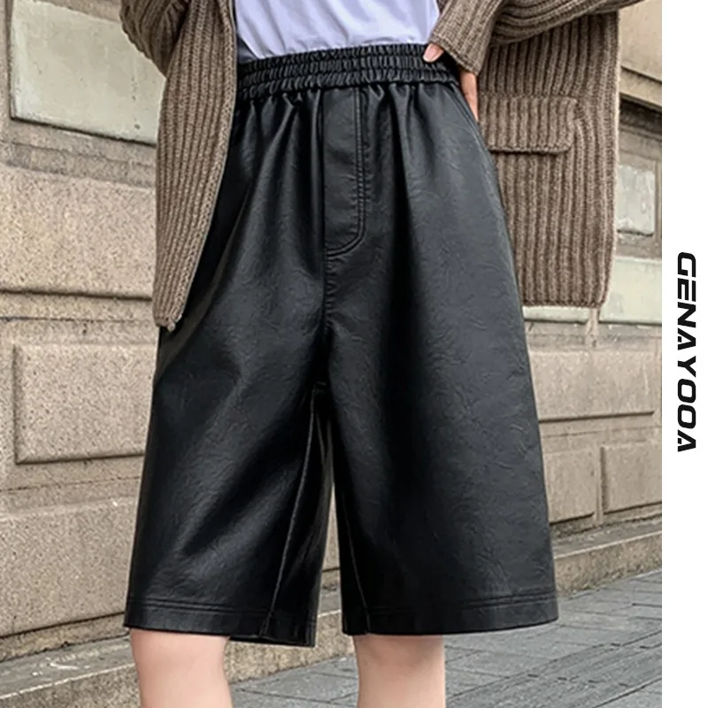 

Женские байкерские шорты Genayooa, черные повседневные шорты из искусственной кожи с высокой талией, большие размеры, уличная одежда на осень и ...