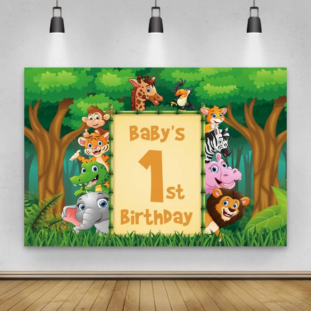 

Name Customize Jungle Safari Photo Background Animals Forest Baby 1st Birthday Party Theme Banner Decor Photography Backdrops