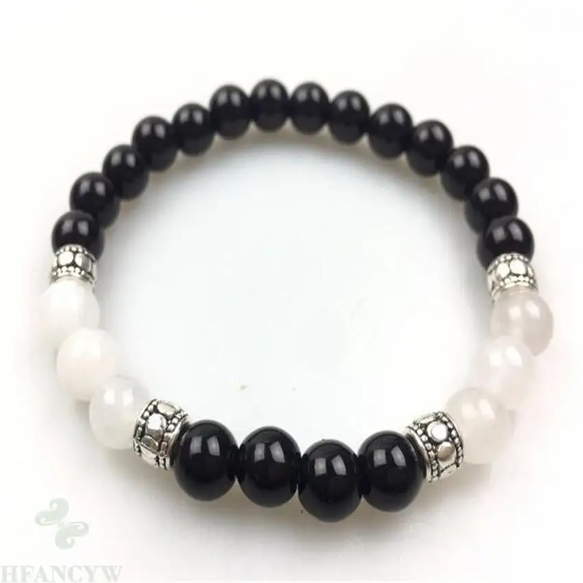 

8mm Obsidian White Crystal Gemstone Mala Bracelet 7.5 inches Chakras Monk Bead Gemstone Energy Reiki Meditation Cuff Unisex