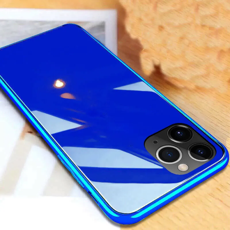 Luxury Electroplated Glass Phone Case For iPhone XS MAX XR X 7 8 6 6s Plus Logo Plating Cover For iPhone 11 Pro Shockproof Case - Color: Blue
