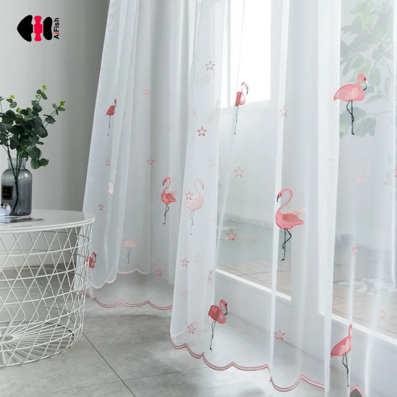 Розовые шторы из вуали с вышитым фламинго для мальчиков и девочек детские