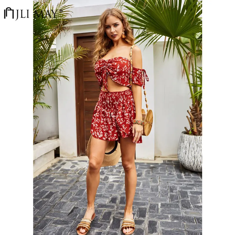 

JLI MAY Women Two Piece Set Sexy Slash Neck Drawstring Backless Crop Top Elastic Waist Shorts Casual Beach Holiday 2 Piece Sets
