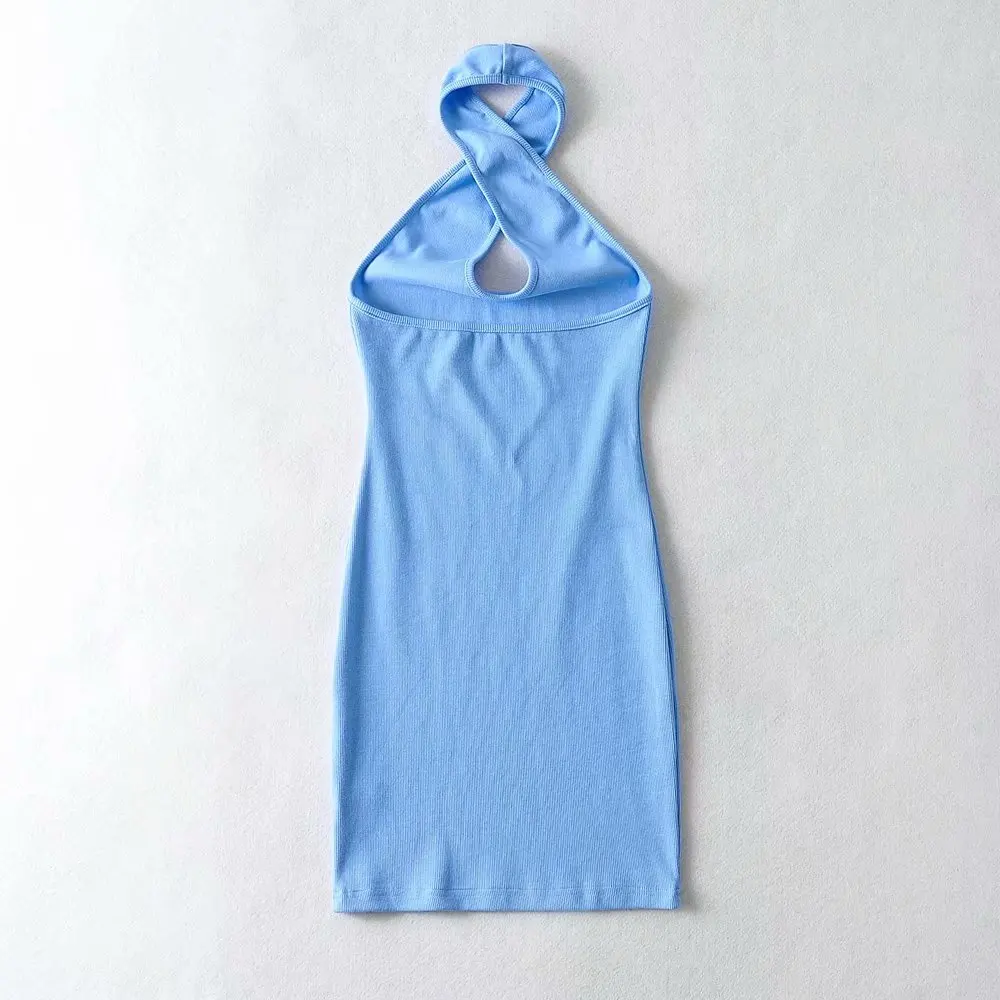 

Summer Sexy Knitted Halter Collar Backless Dresses Women Slim Sleeveless Stretch Bodycon Mini Dress Fashion Green Club Clothes