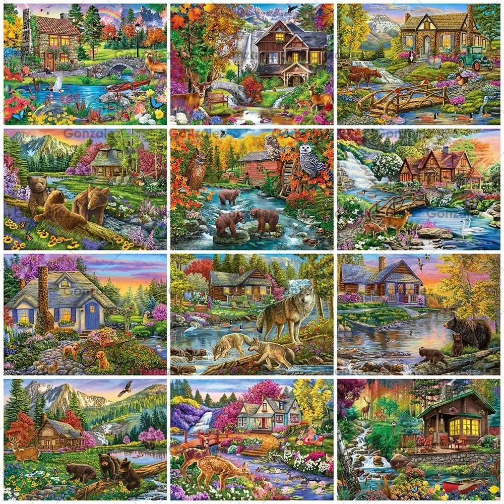 

5D Diy Mosaic Diamond Painting House Scenery Full Square Round Drill Embroidery Animal Bear Picture Decoration Home Crafts Gifts