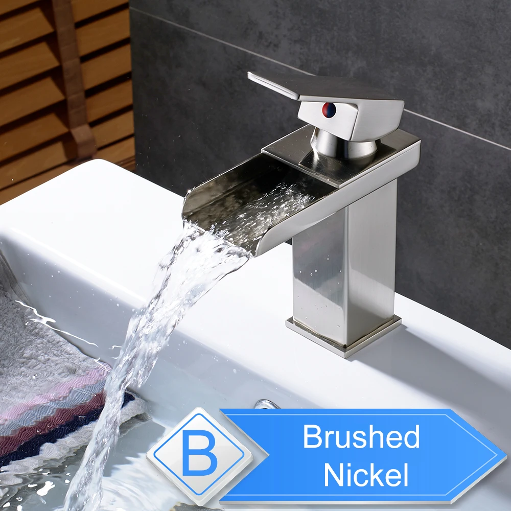 Brushed Nickel QK Горячая холодная раковина кран водопад смеситель для туалетного столика в ванной комнате Однорычажный Хром Латунь горячей и холодной бассейна краны для мойки - Цвет: Brushed Nickel QK