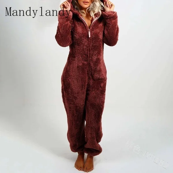 

Mandylandy Brushed and Thick Furry One-Piece Couple's Hooded Pajamas New Cute Leisure Tops