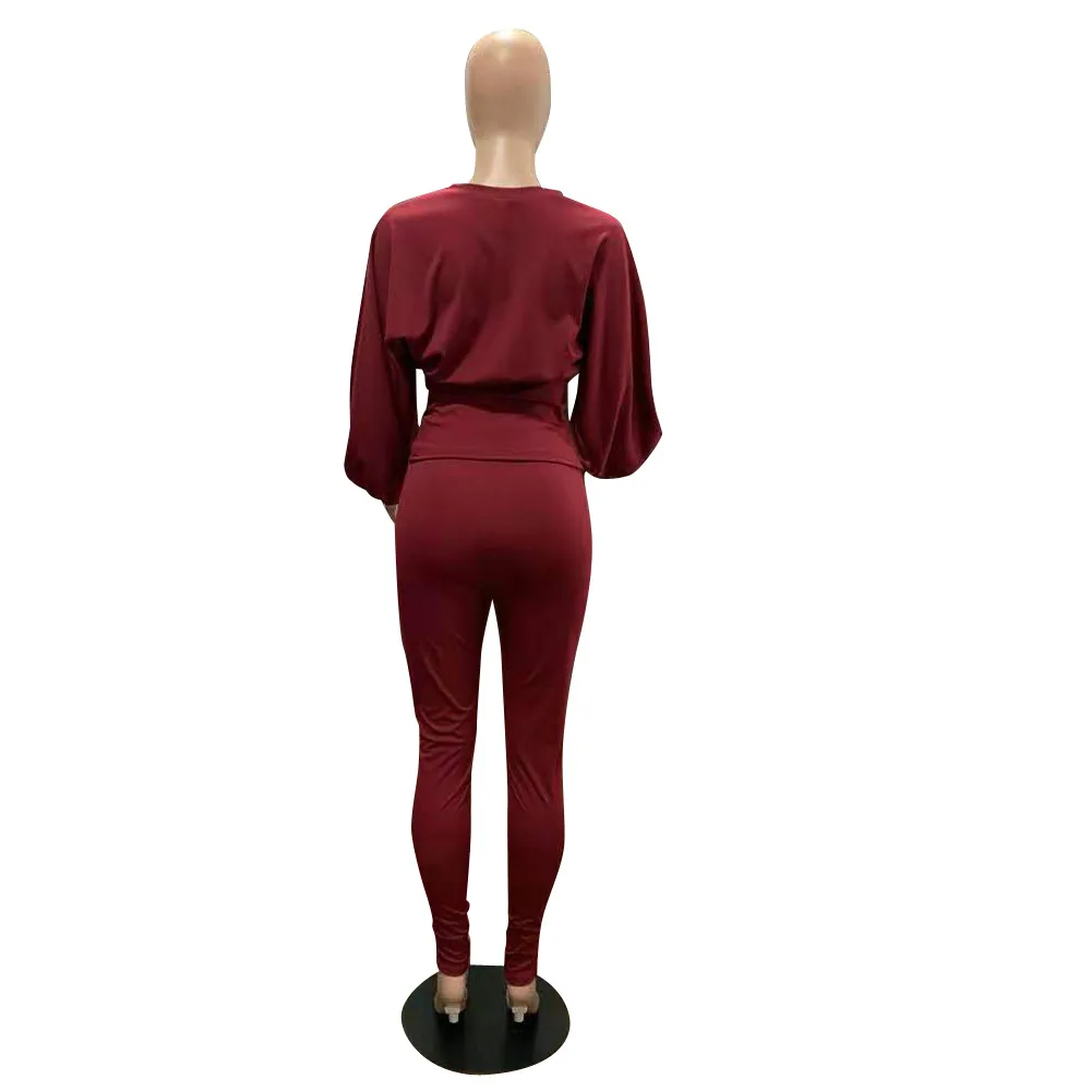 

Plus Size Two Piece Set Women Elegant Long Lantern Sleeve Turtleneck Ruched Top and Leggings Pants Outfit Wholesale Dropshipping