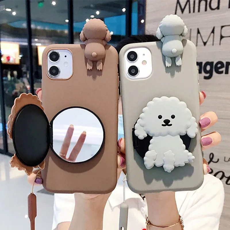 

Cute Dog Makeup Mirror Phone Case For iPhone 12Pro MAX 11 XR XS Max 7 8 6 Plus Cartoon 3D Teddy dog With Strap Holder Soft Cover