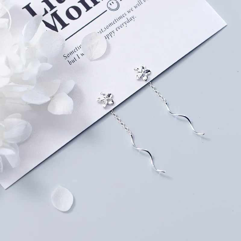 Trendy 100% 925 Sterling Silver Small Flower Ear Threads Earings Line Dangle Drop Earrings for Women Jewelry Gifts | Украшения и